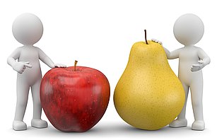 Zwei Figuren jeweils mit einem Apfel und einer Birne 